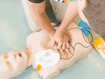 Someone performing CPR on a training dummy