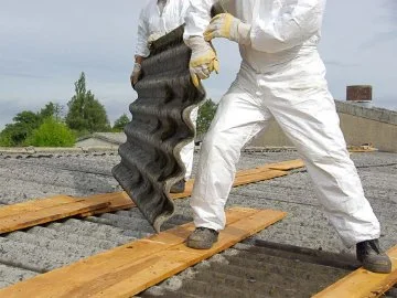 Asbestos sheets being removed from a roof by workers in protective clothing