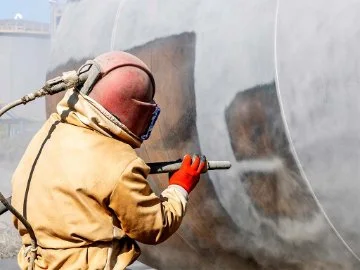 A worker in protective gear doing abrasive blasting on a tank