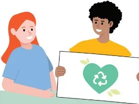 An illustration of two students holding a poster featuring a recycling symbol within a green heart