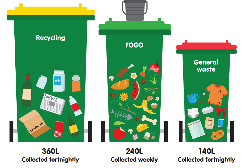 Three bin system showing what goes in each bin.