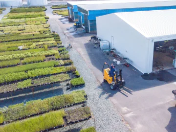 A man waves from a forklift next to a row of seedlings in a nursery.