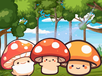 Cartoon mushrooms in a forest